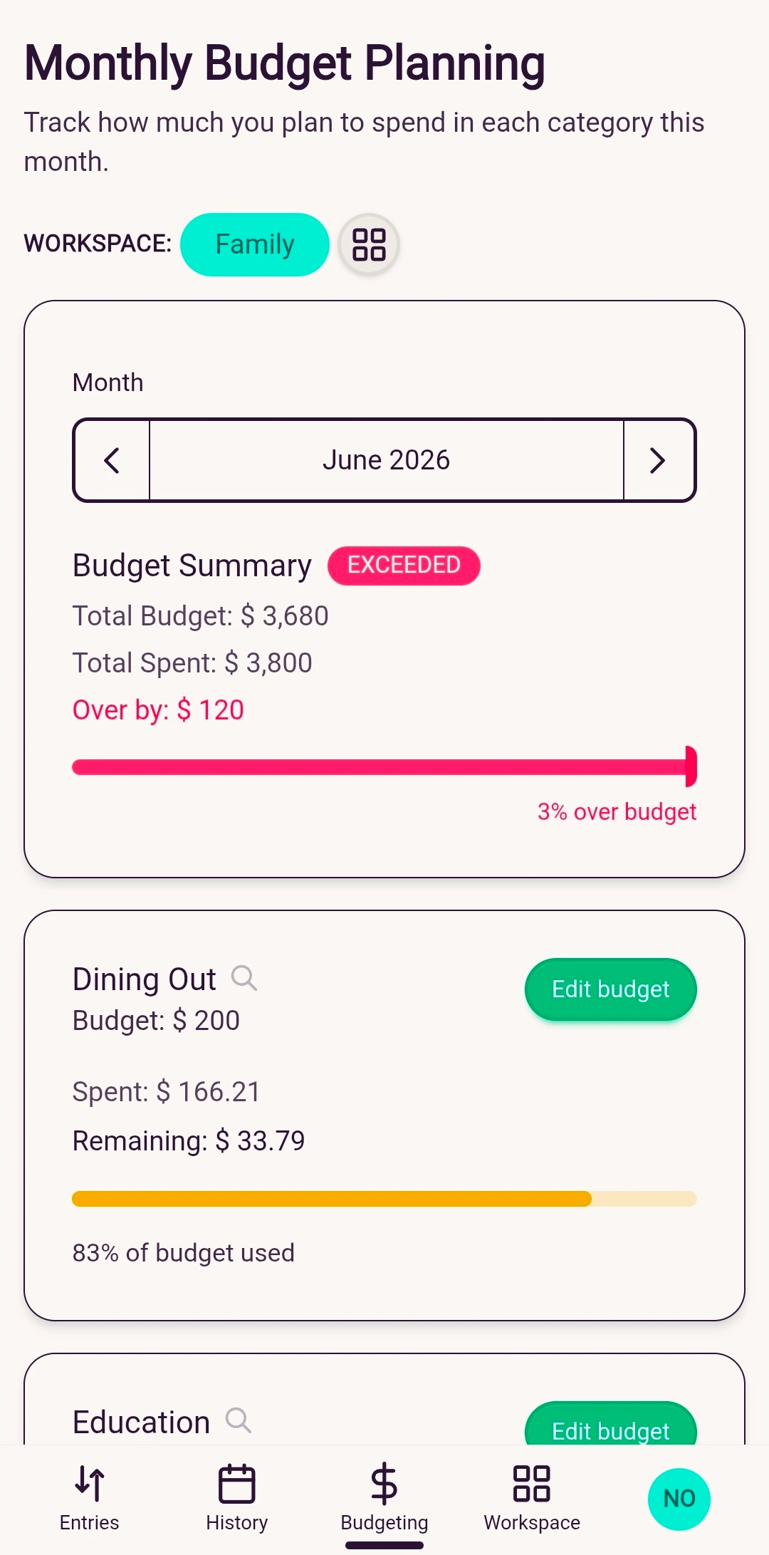 Zherani budget tracking screen