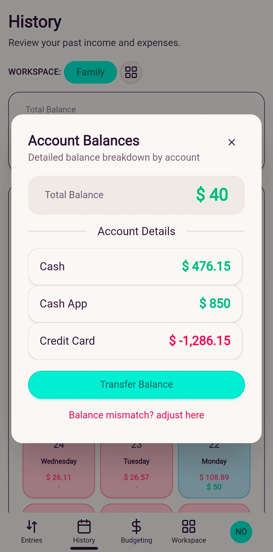 Zherani account balance details